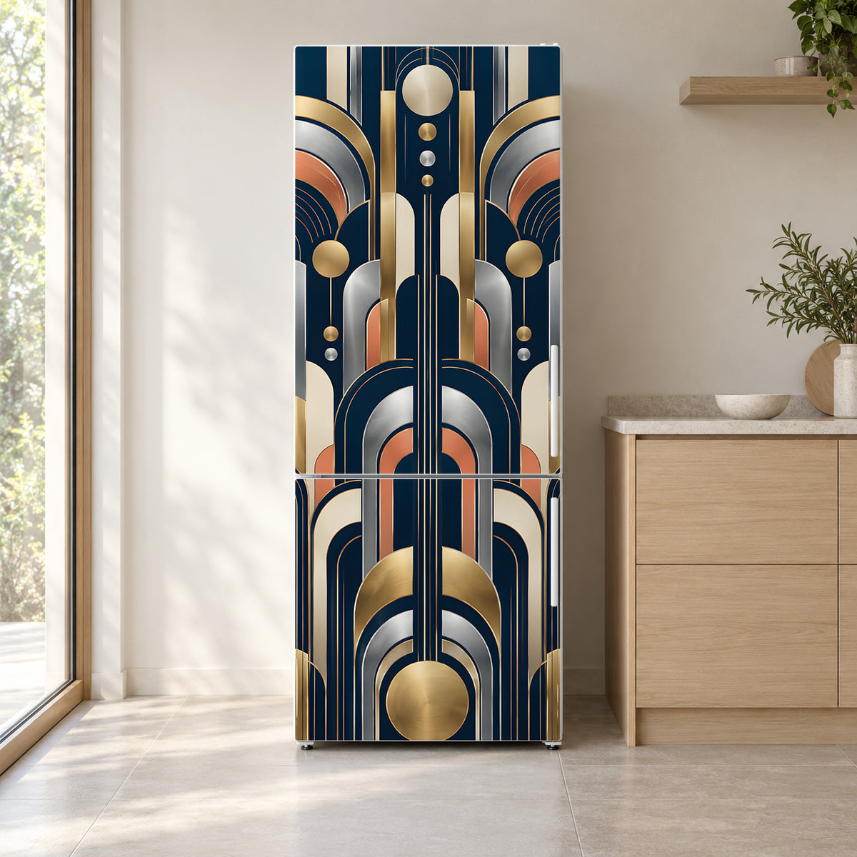 Neo Deco Geometric fridge wrap on a white refrigerator in a bright kitchen