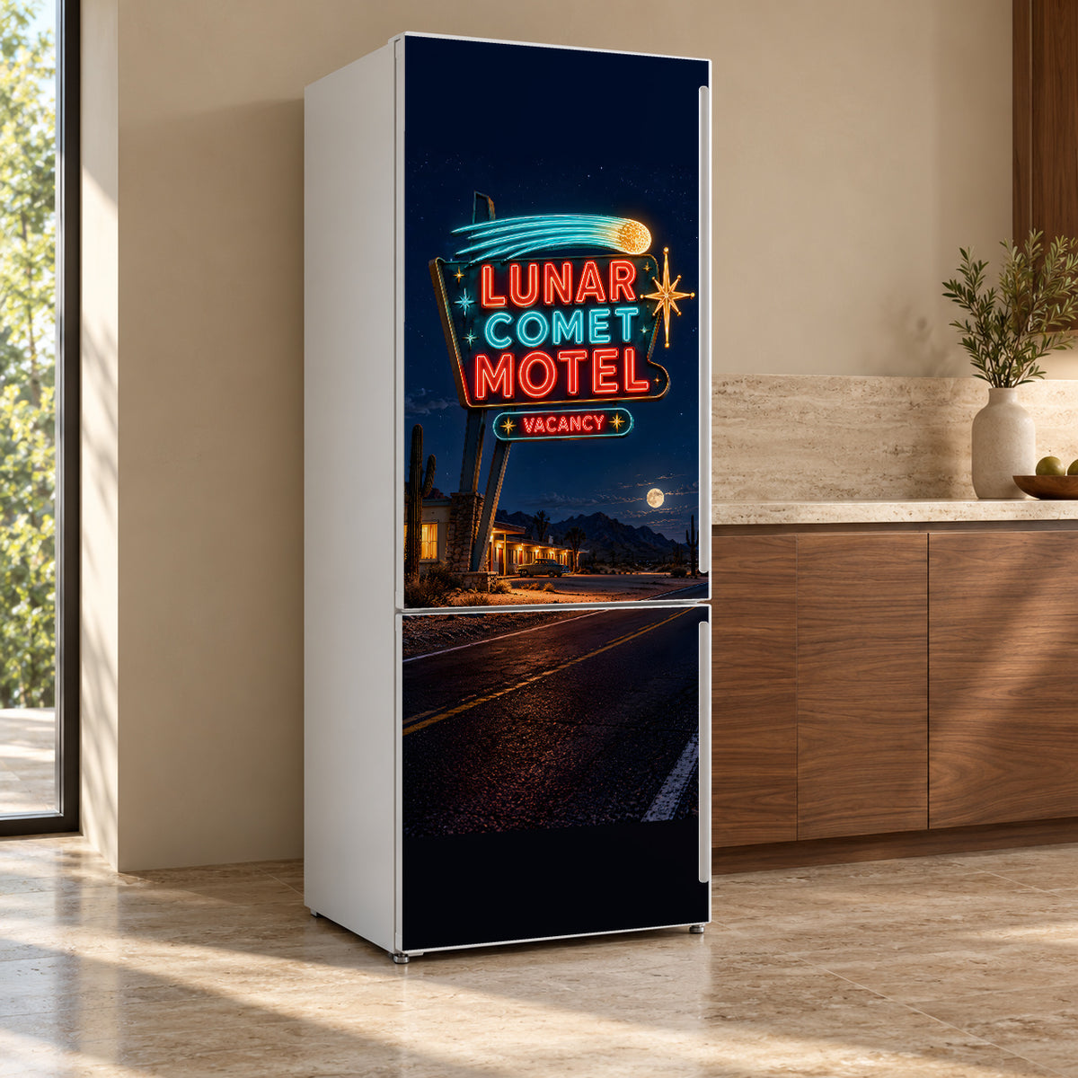 Neon Motel Sign fridge wrap, refrigerator shown at an angle