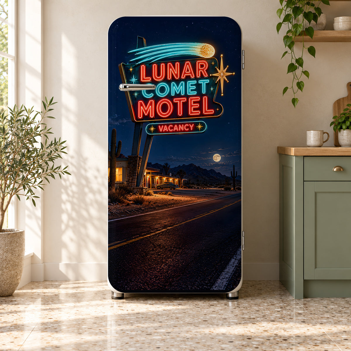 Neon Motel Sign fridge wrap on a retro refrigerator