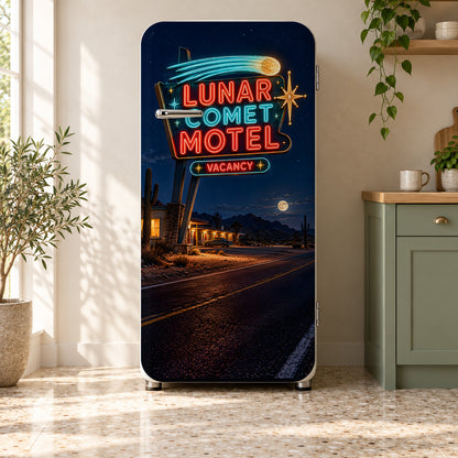 Neon Motel Sign fridge wrap on a retro refrigerator