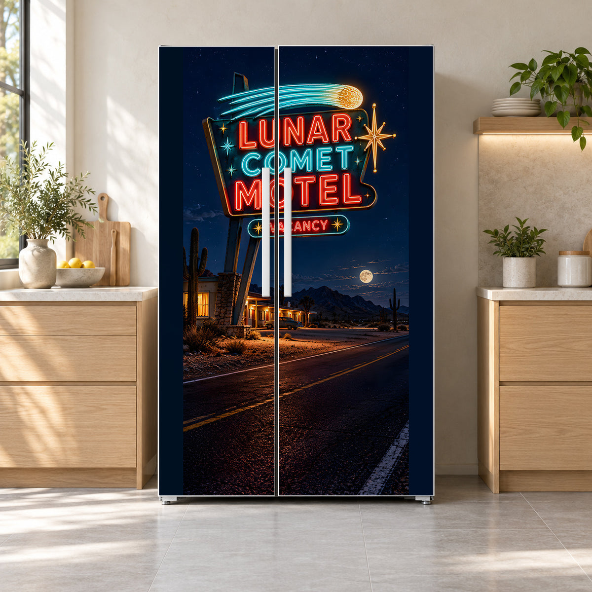 Neon Motel Sign fridge wrap on a side-by-side refrigerator