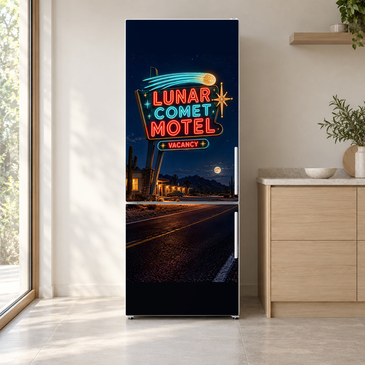 Neon Motel Sign fridge wrap on a white refrigerator in a bright kitchen