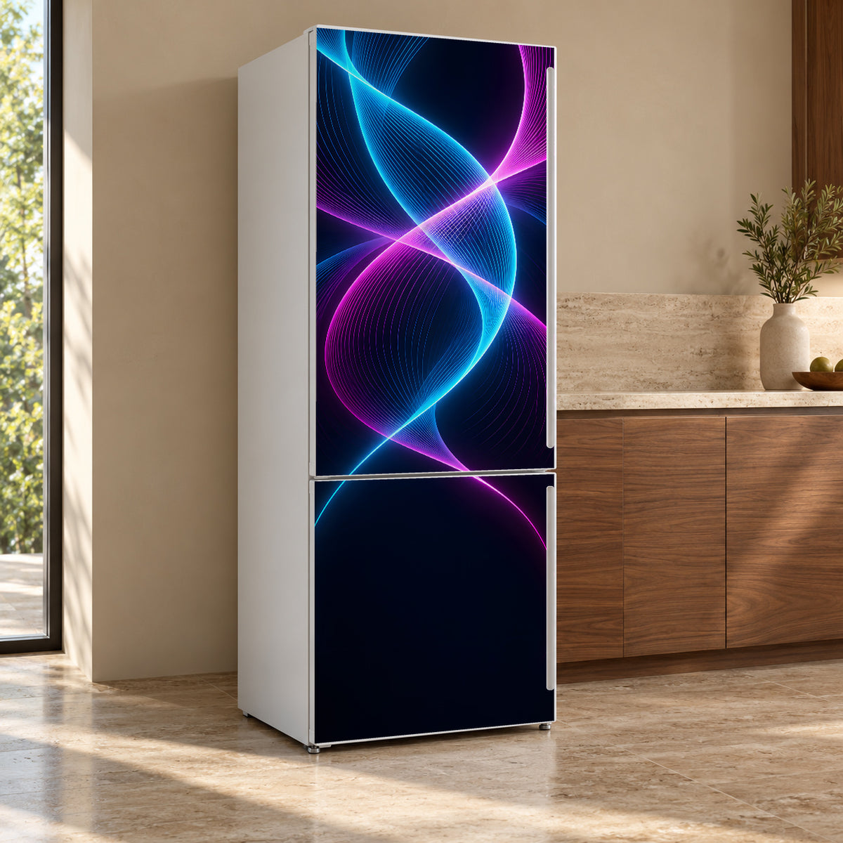 Neon Waves fridge wrap, refrigerator shown at an angle