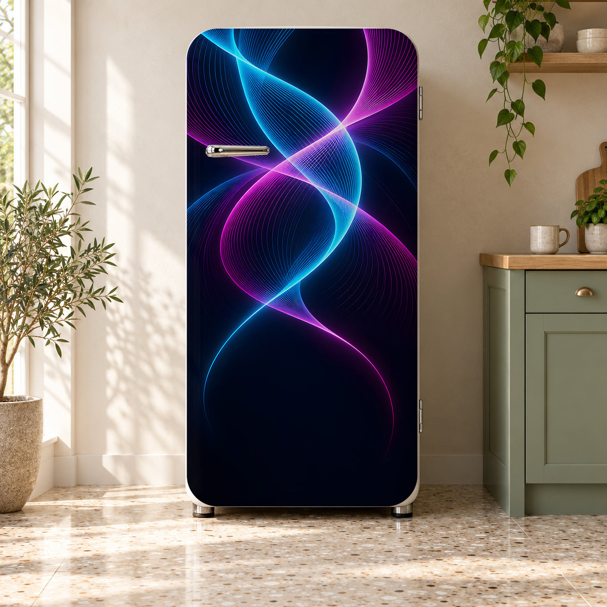 Neon Waves fridge wrap on a retro refrigerator