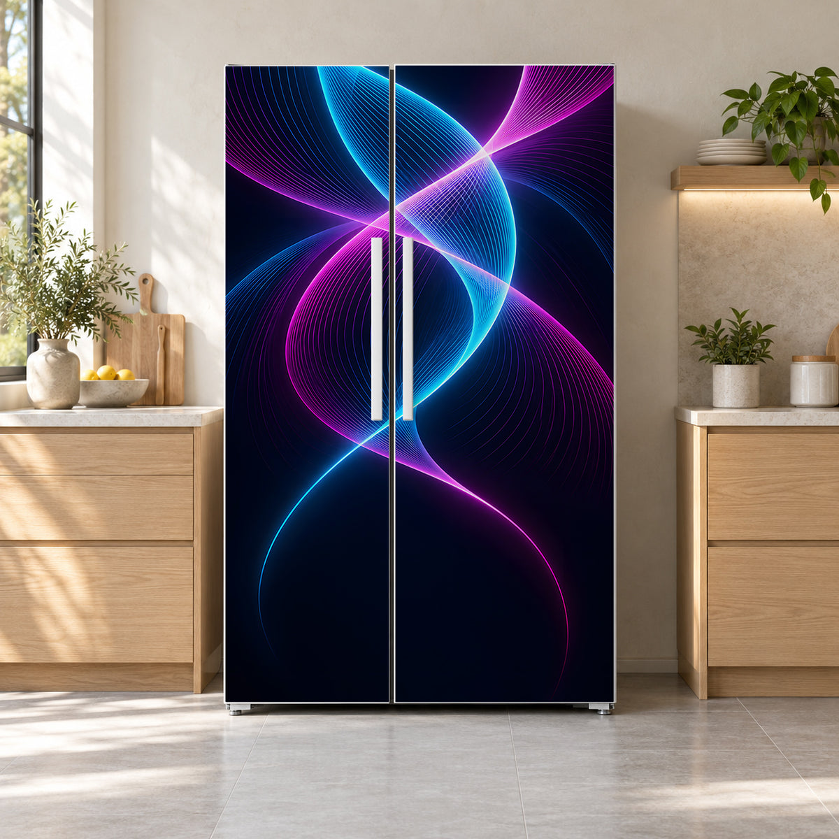 Neon Waves fridge wrap on a side-by-side refrigerator
