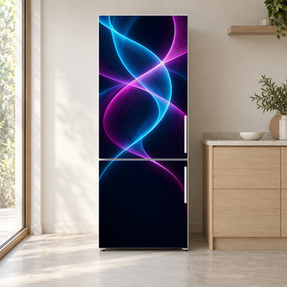 Neon Waves fridge wrap on a white refrigerator in a bright kitchen