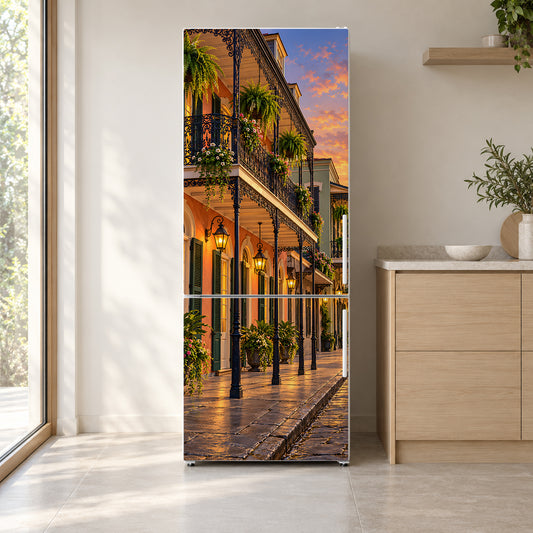 New Orleans French Quarter Balconies fridge wrap on a white refrigerator in a bright kitchen