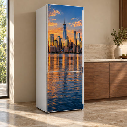 New York Skyline fridge wrap, refrigerator shown at an angle