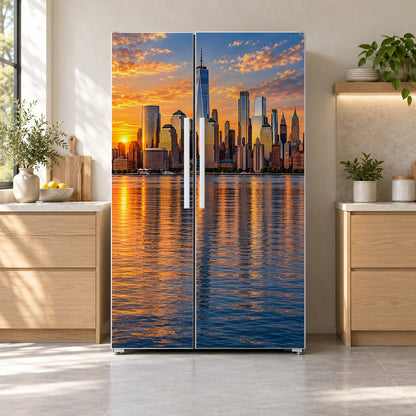 New York Skyline fridge wrap on a side-by-side refrigerator