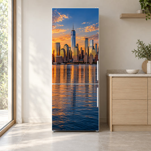 New York Skyline fridge wrap on a white refrigerator in a bright kitchen