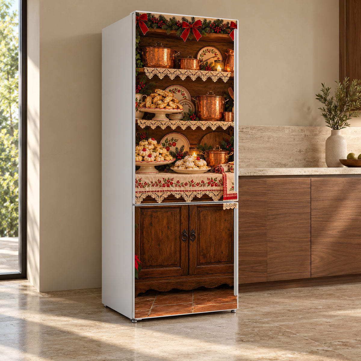 Nonna's Christmas Kitchen fridge wrap, refrigerator shown at an angle