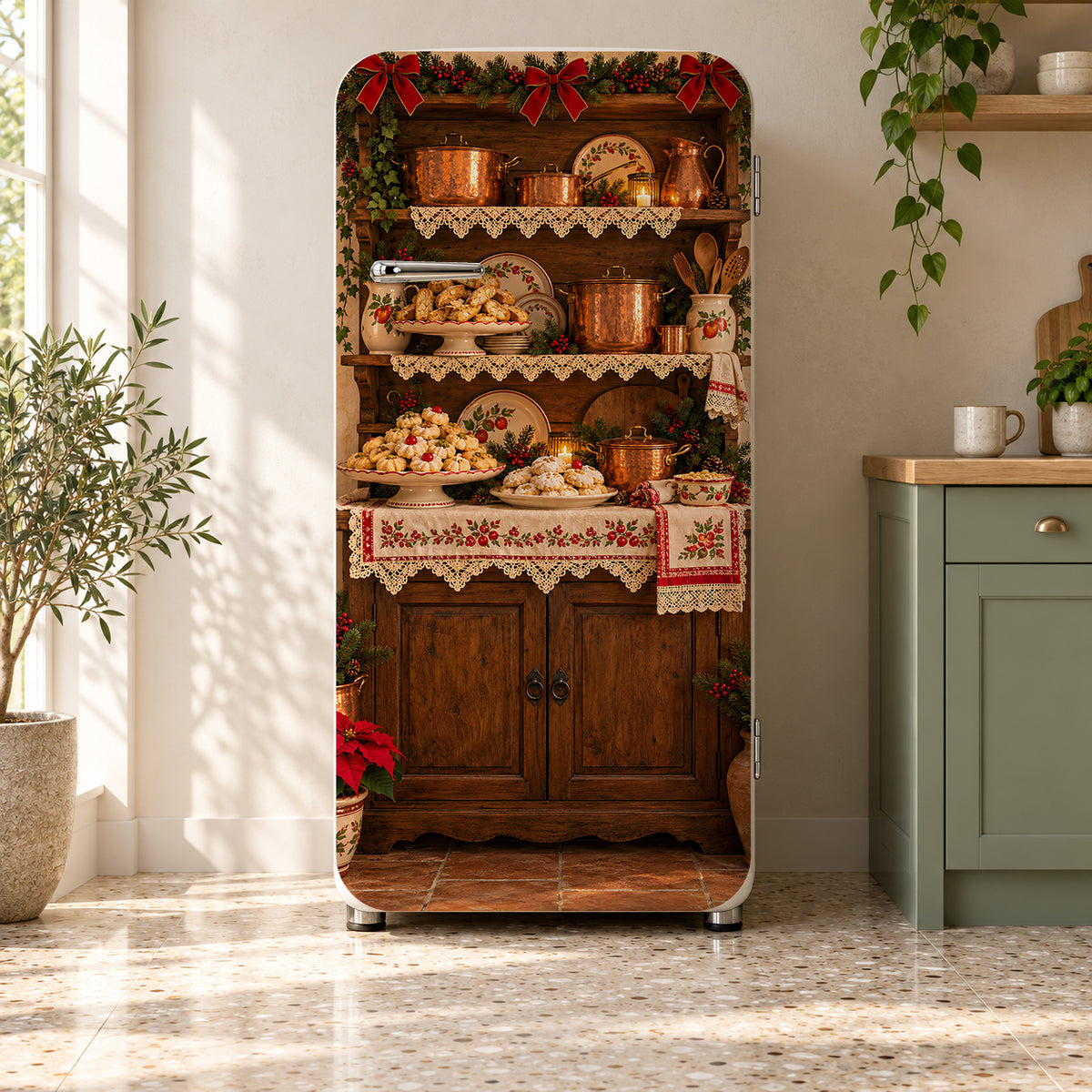 Nonna's Christmas Kitchen fridge wrap on a retro refrigerator