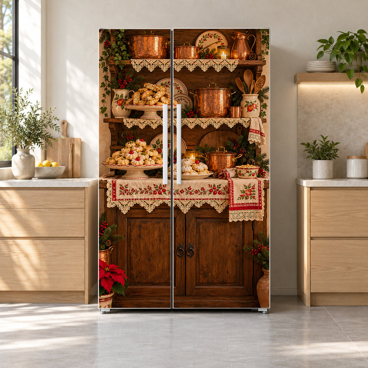Nonna's Christmas Kitchen fridge wrap on a side-by-side refrigerator