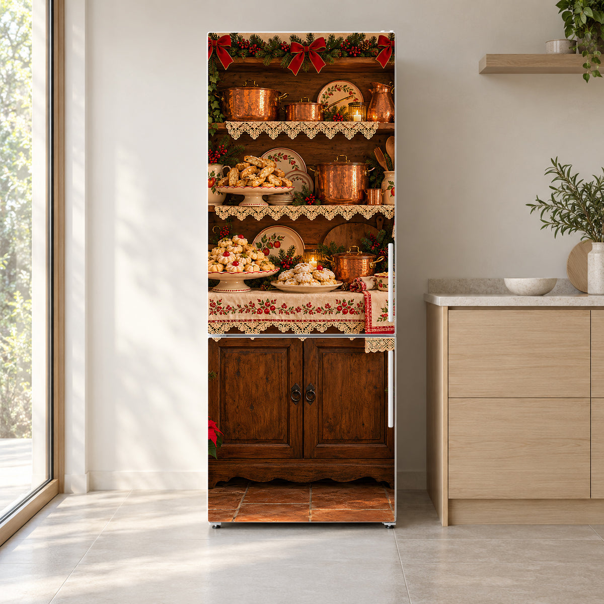 Nonna's Christmas Kitchen fridge wrap on a white refrigerator in a bright kitchen