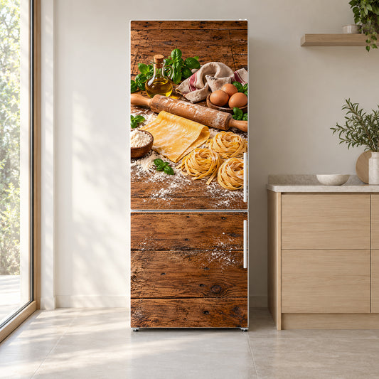 Nonna's Fresh Pasta fridge wrap on a white refrigerator in a bright kitchen