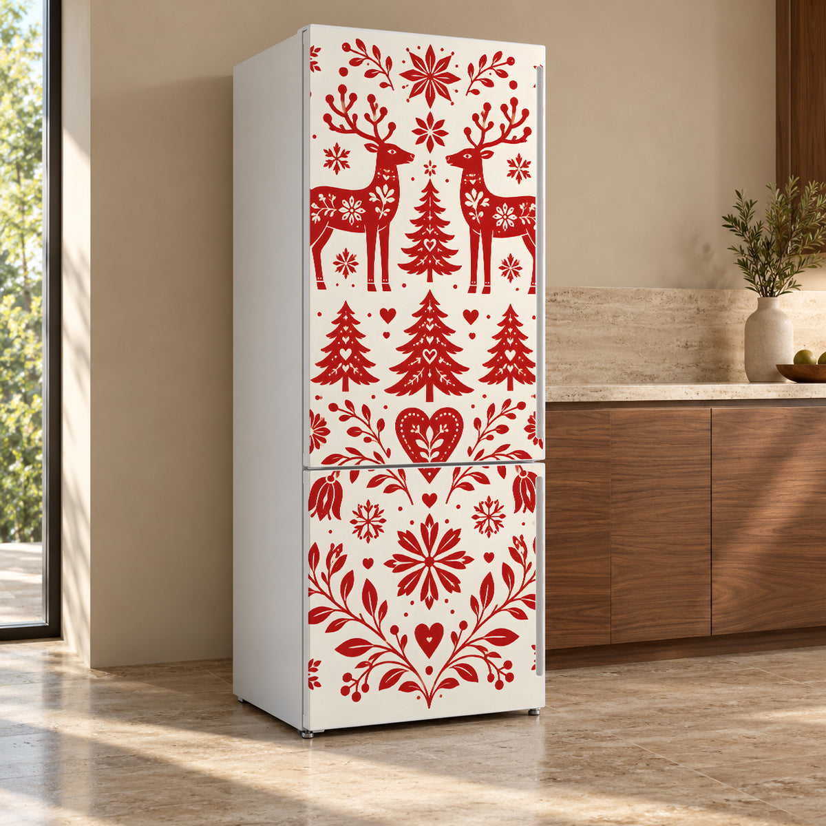 Nordic Folk Christmas fridge wrap, refrigerator shown at an angle