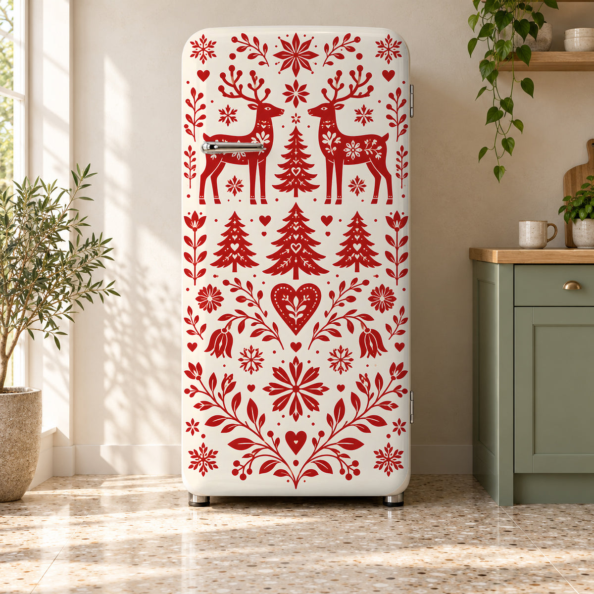 Nordic Folk Christmas fridge wrap on a retro refrigerator