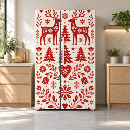 Nordic Folk Christmas fridge wrap on a side-by-side refrigerator