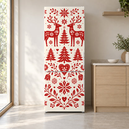Nordic Folk Christmas fridge wrap on a white refrigerator in a bright kitchen