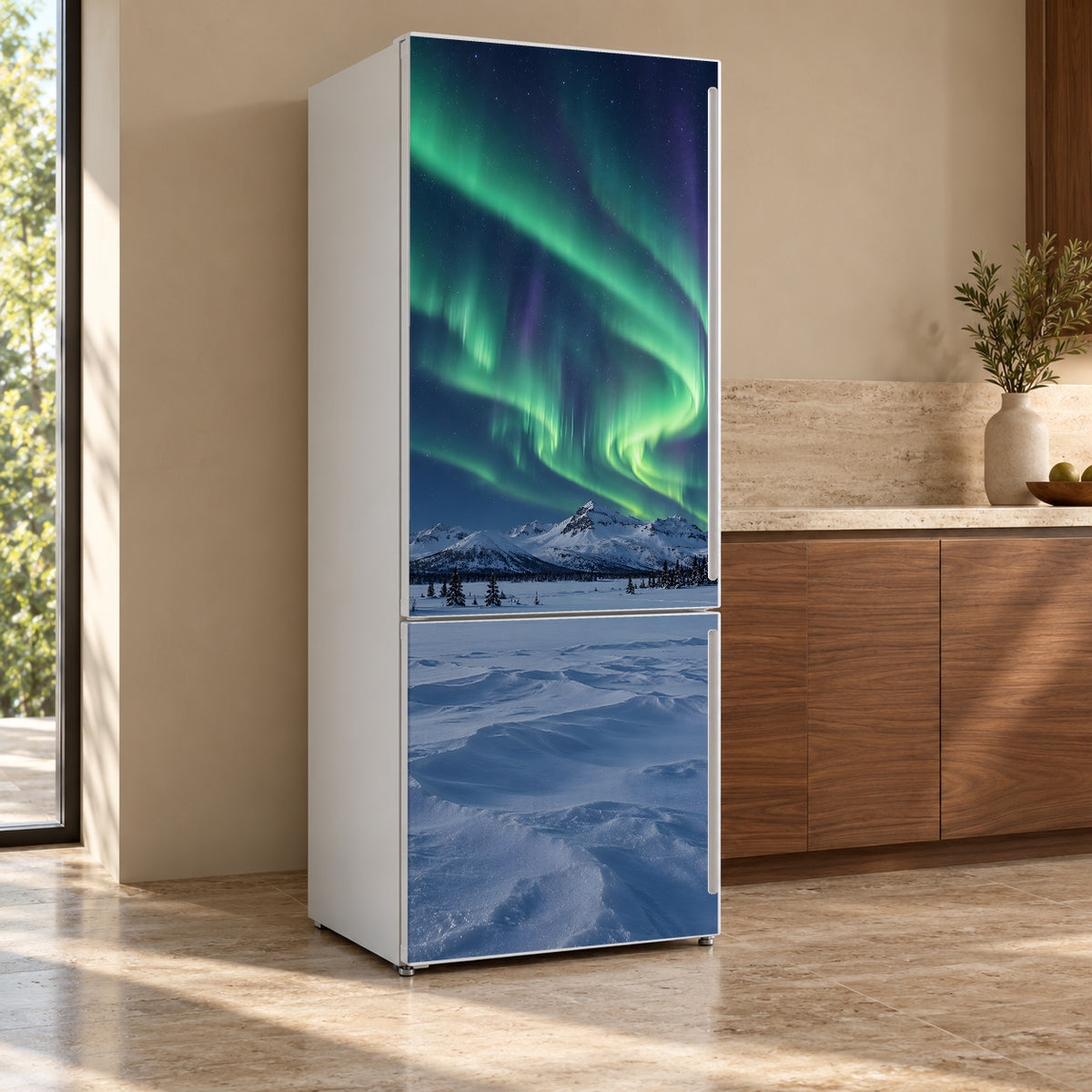 Northern Lights fridge wrap, refrigerator shown at an angle