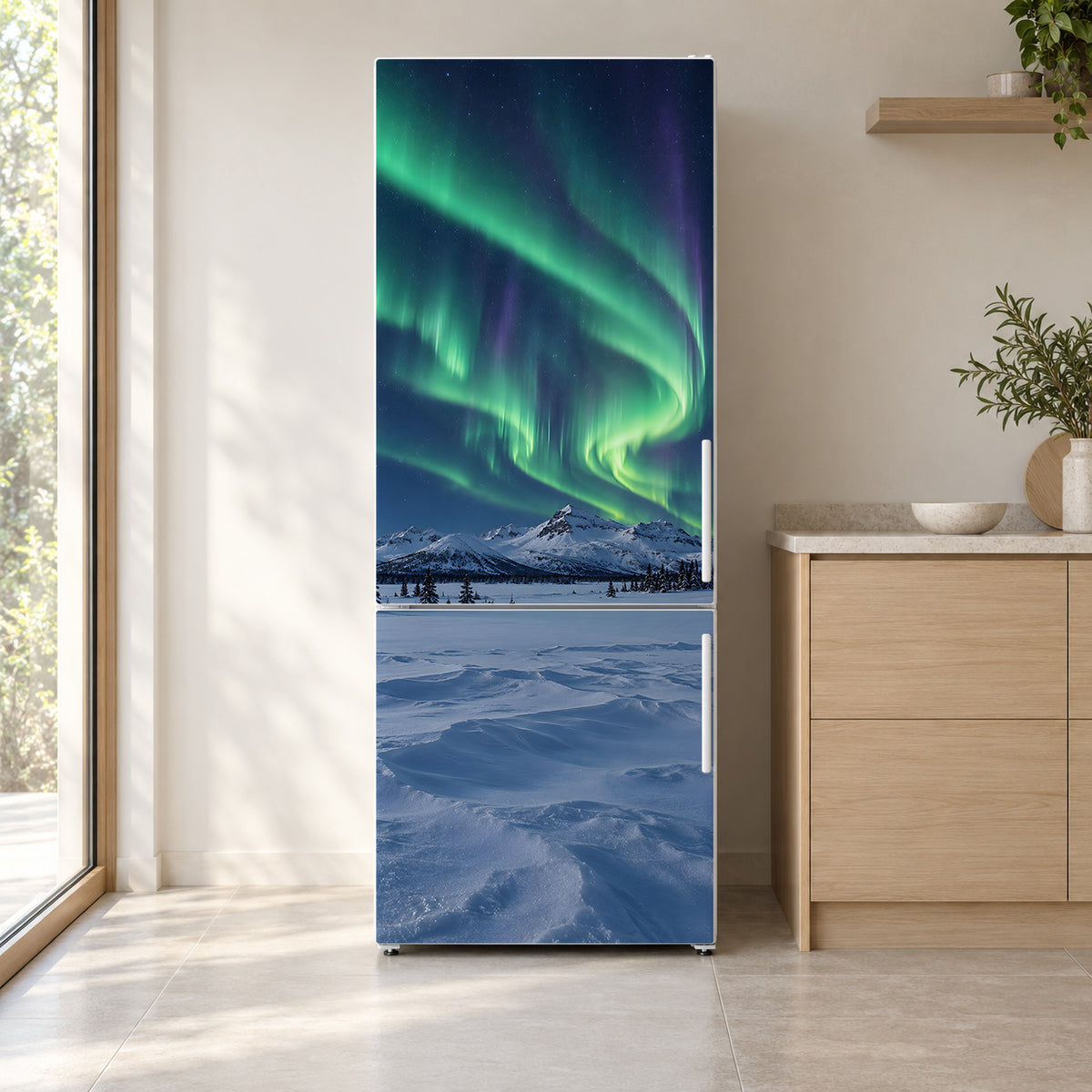 Northern Lights fridge wrap on a white refrigerator in a bright kitchen