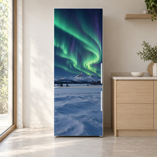 Northern Lights fridge wrap on a white refrigerator in a bright kitchen