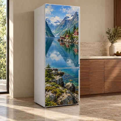 Norwegian Fjord Red Cabins fridge wrap, refrigerator shown at an angle