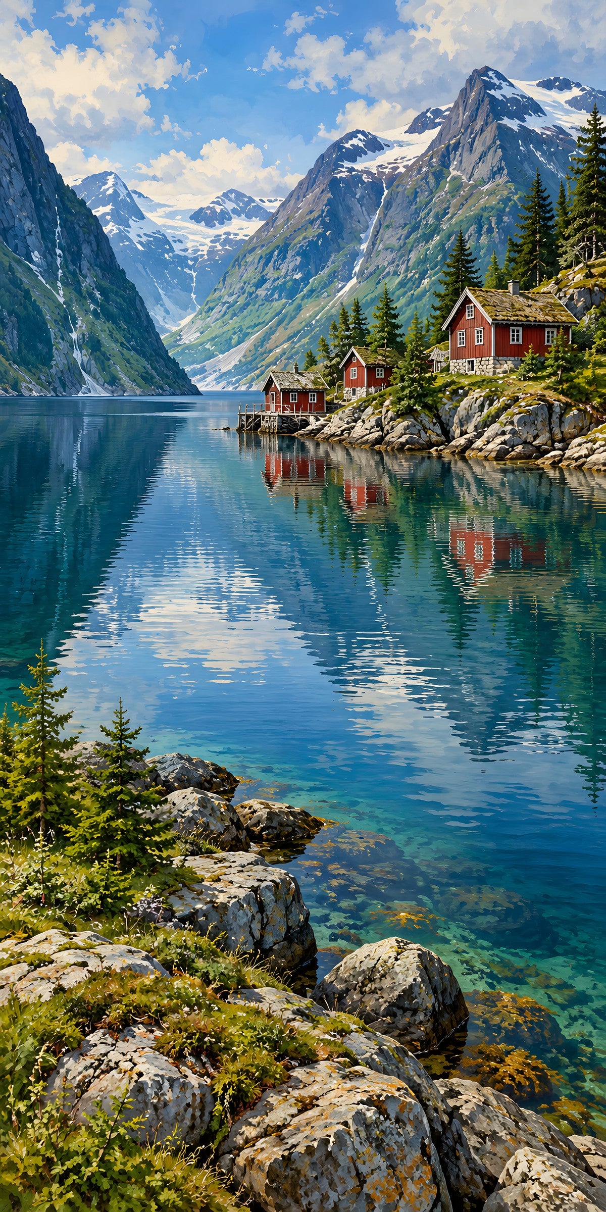 Norwegian Fjord Red Cabins fridge wrap full design