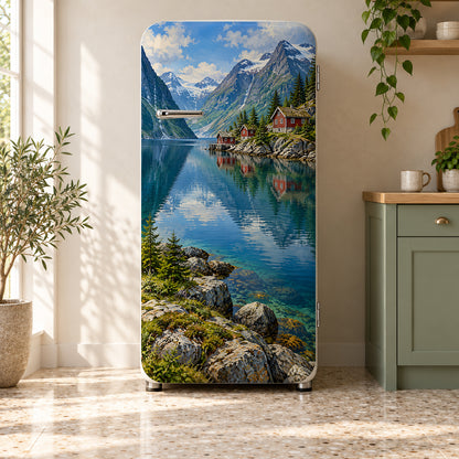 Norwegian Fjord Red Cabins fridge wrap on a retro refrigerator