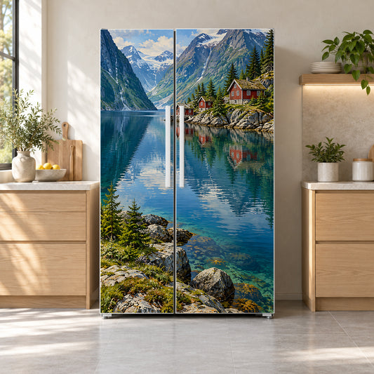 Norwegian Fjord Red Cabins fridge wrap on a side-by-side refrigerator