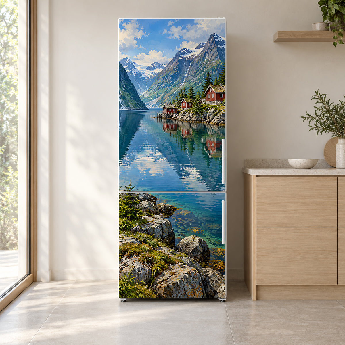 Norwegian Fjord Red Cabins fridge wrap on a white refrigerator in a bright kitchen