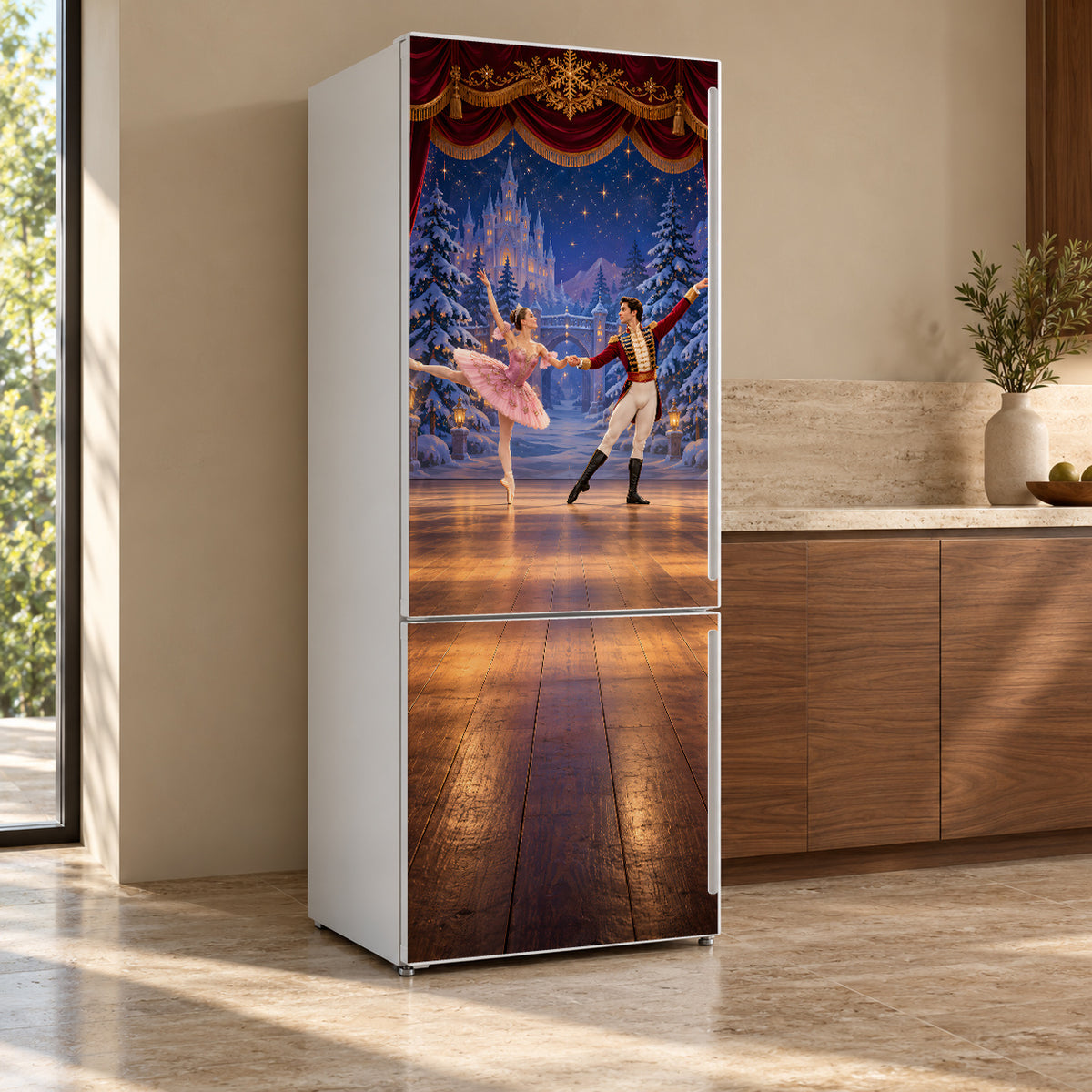 Nutcracker Ballet Stage fridge wrap, refrigerator shown at an angle