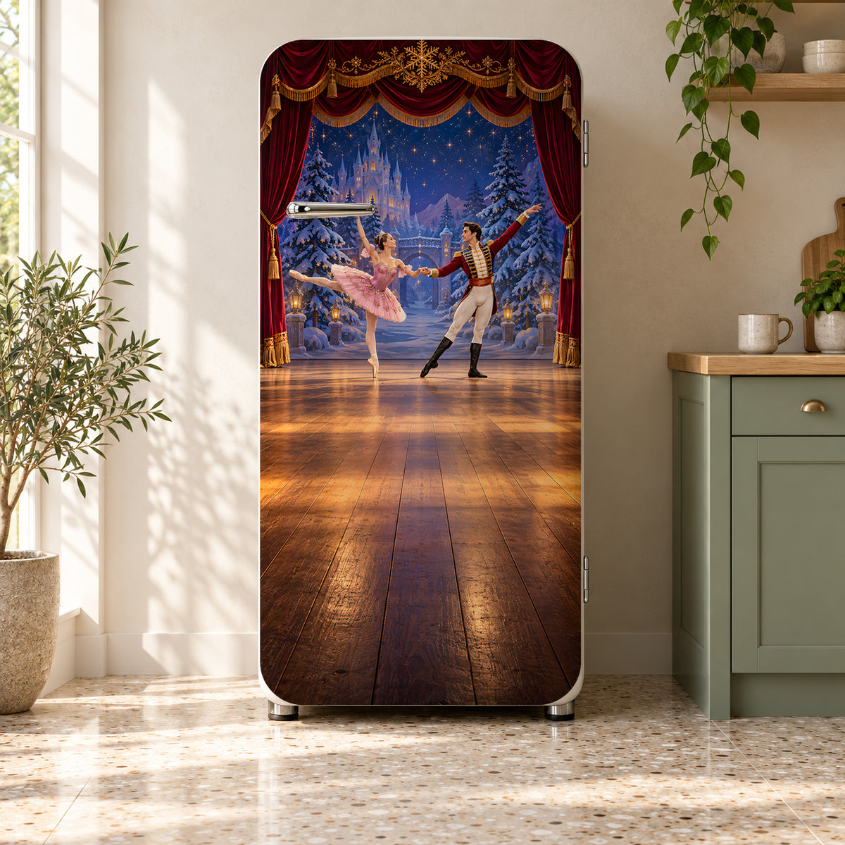 Nutcracker Ballet Stage fridge wrap on a retro refrigerator