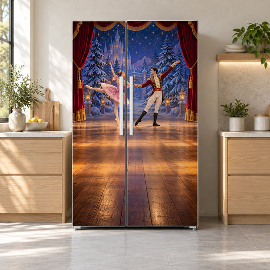 Nutcracker Ballet Stage fridge wrap on a side-by-side refrigerator