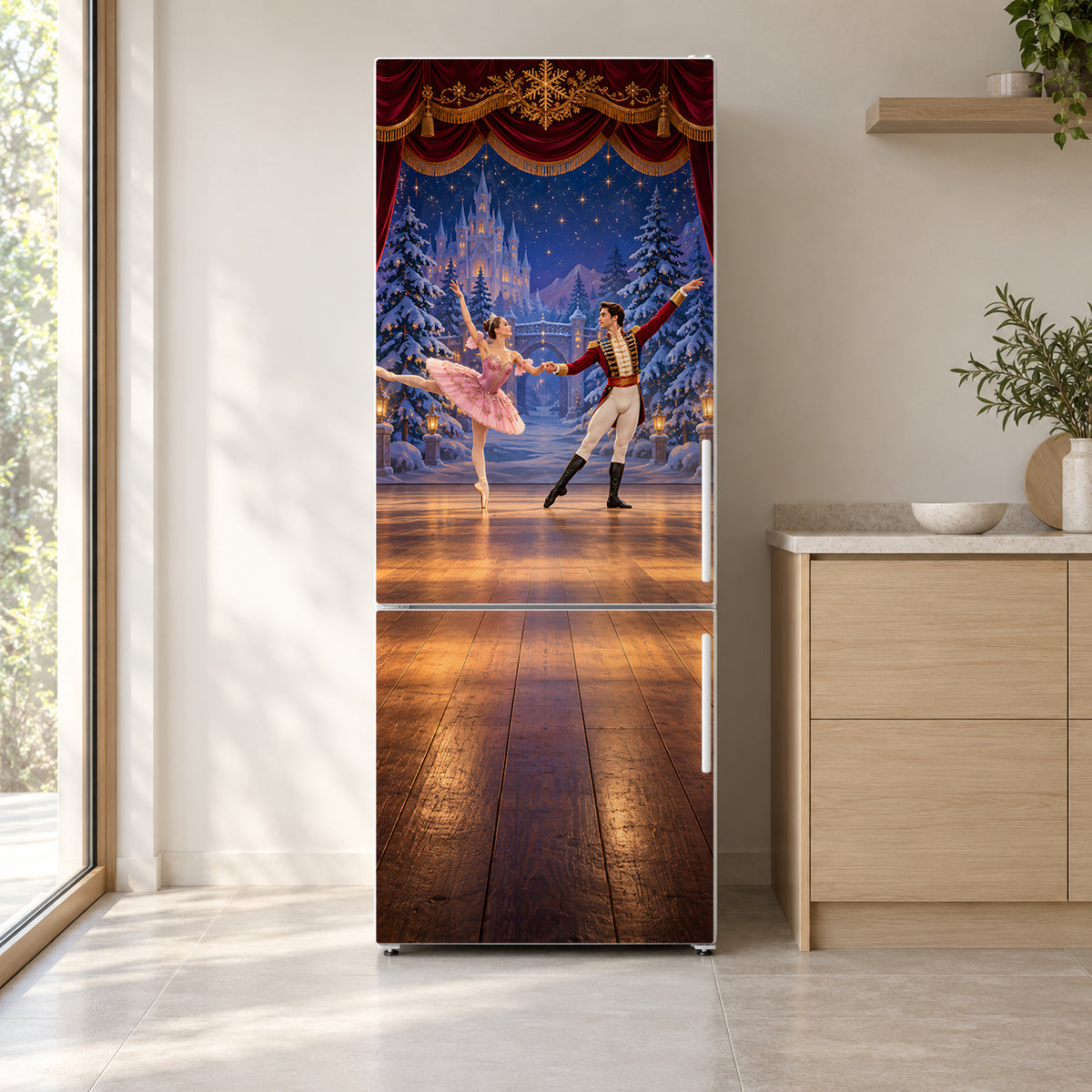 Nutcracker Ballet Stage fridge wrap on a white refrigerator in a bright kitchen