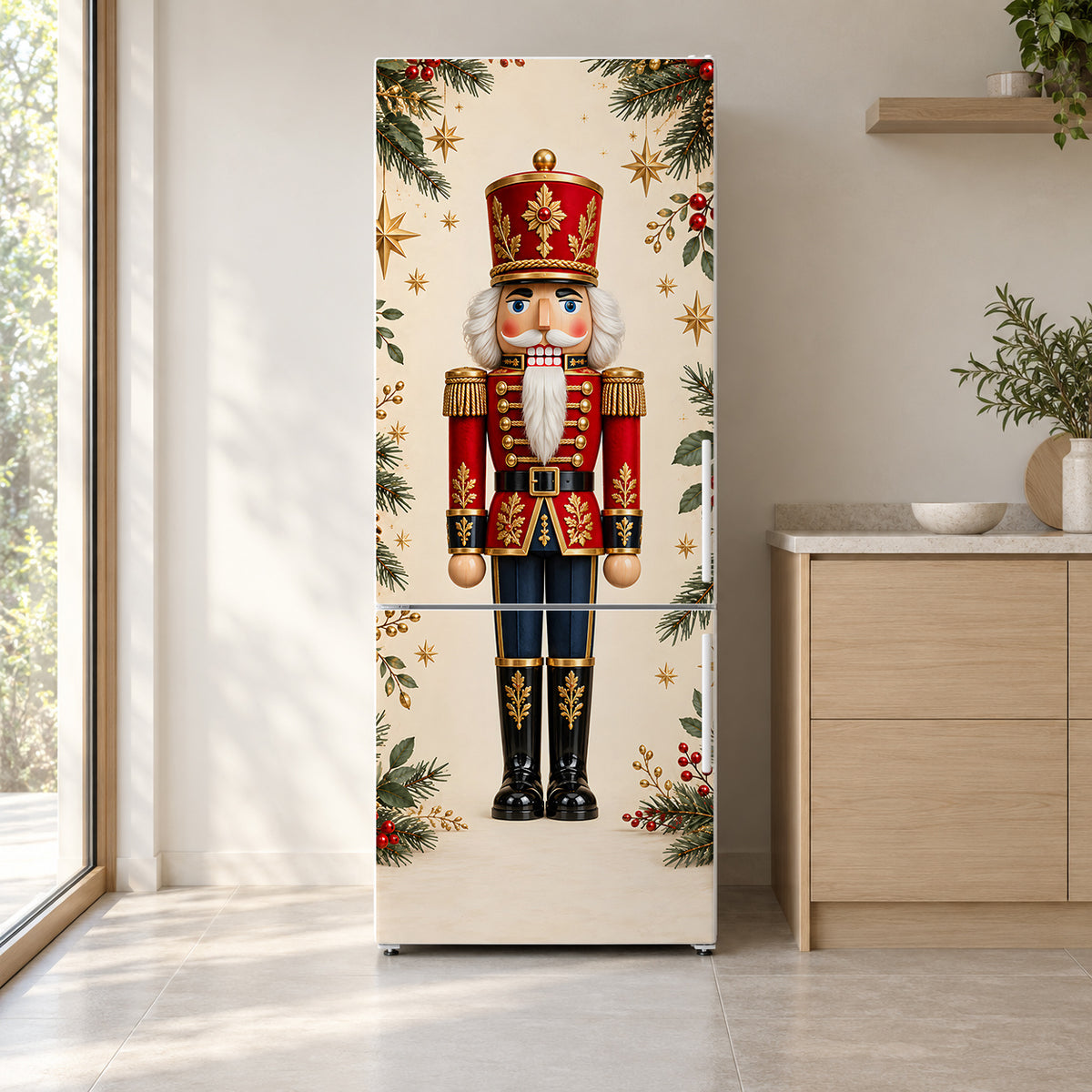 Nutcracker fridge wrap on a white refrigerator in a bright kitchen