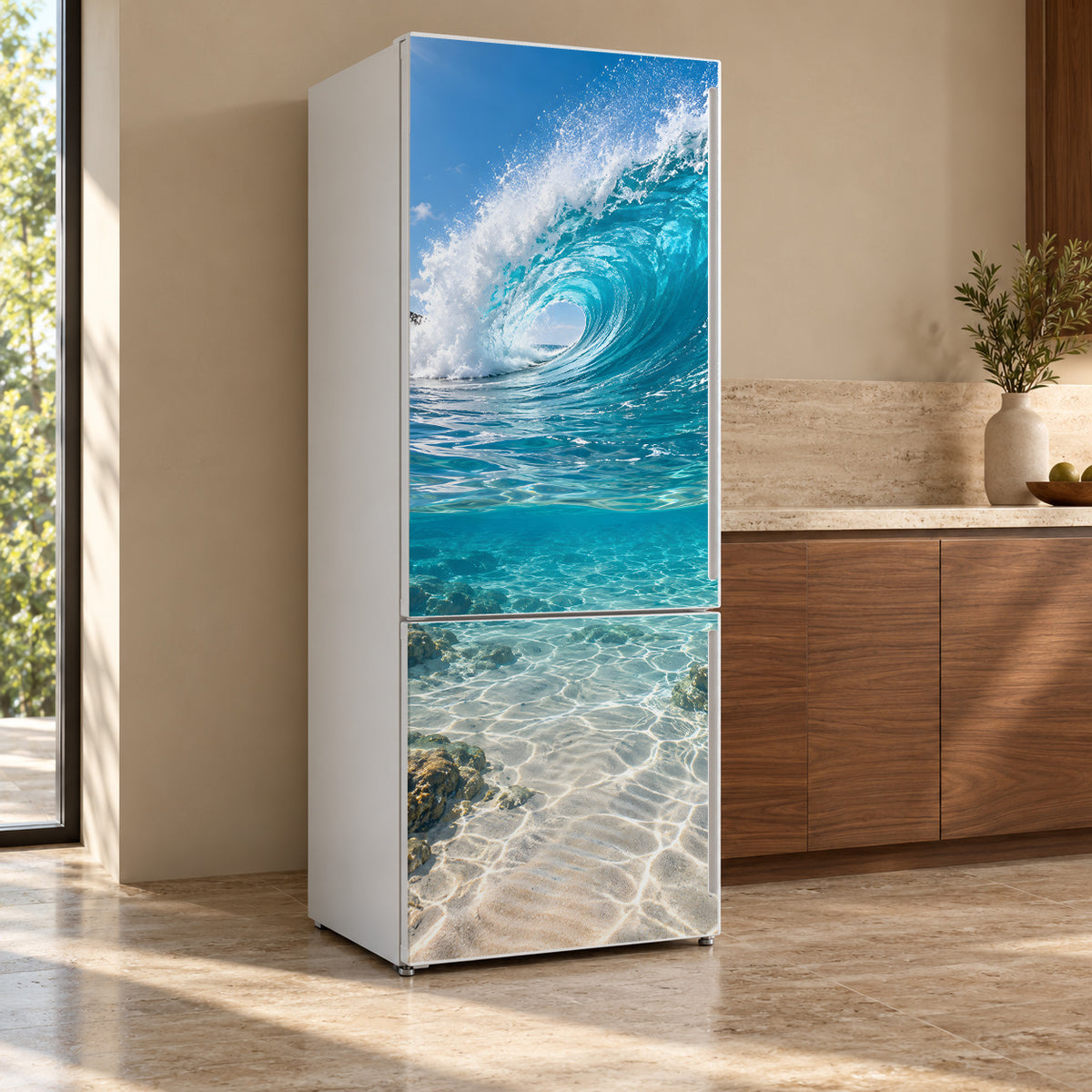 Ocean Wave fridge wrap, refrigerator shown at an angle