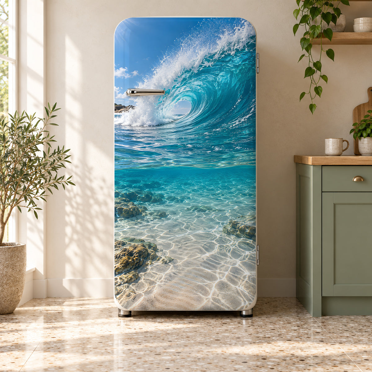 Ocean Wave fridge wrap on a retro refrigerator
