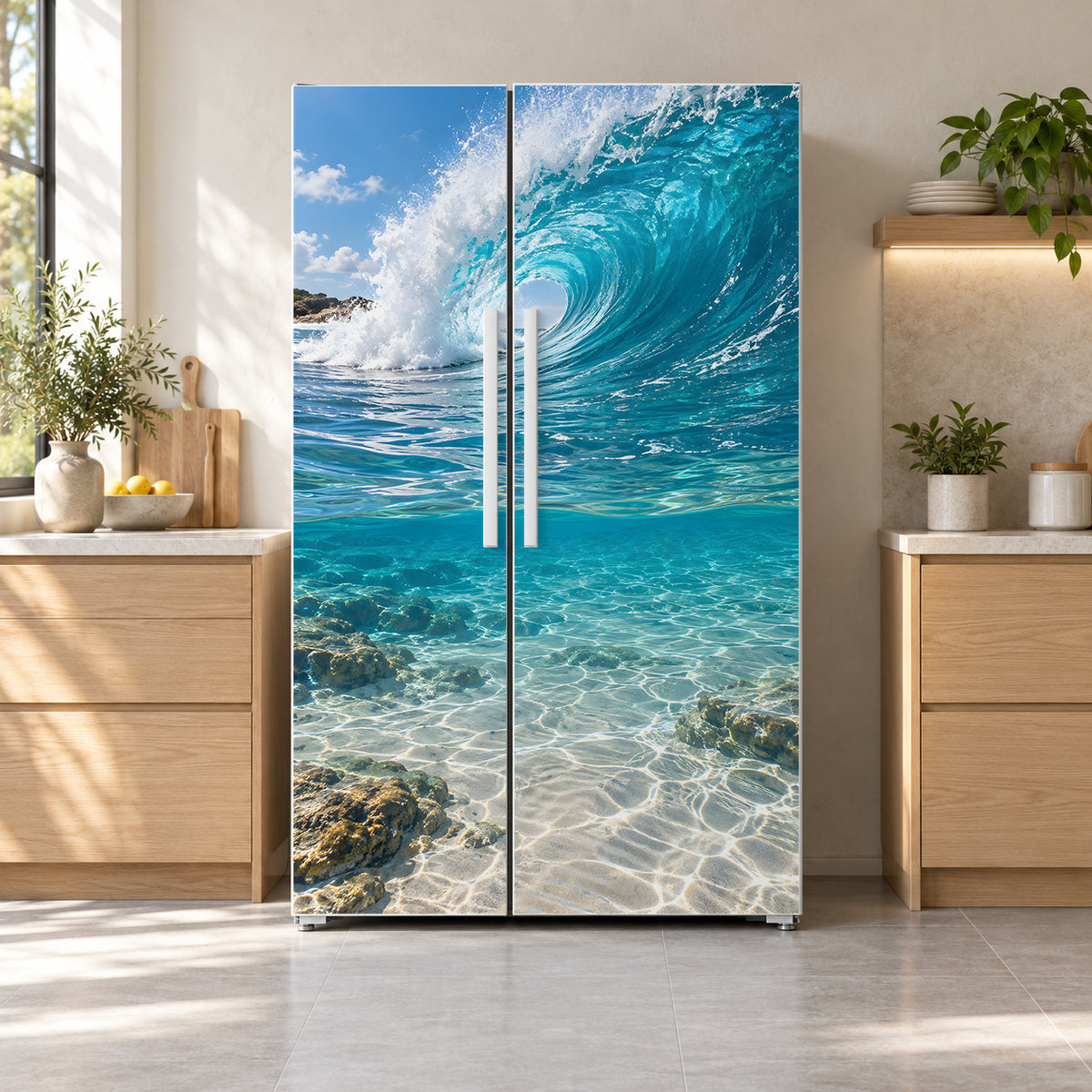 Ocean Wave fridge wrap on a side-by-side refrigerator