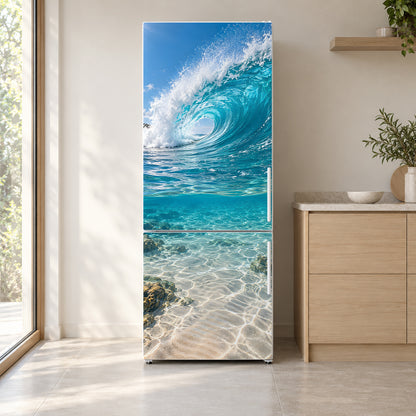 Ocean Wave fridge wrap on a white refrigerator in a bright kitchen