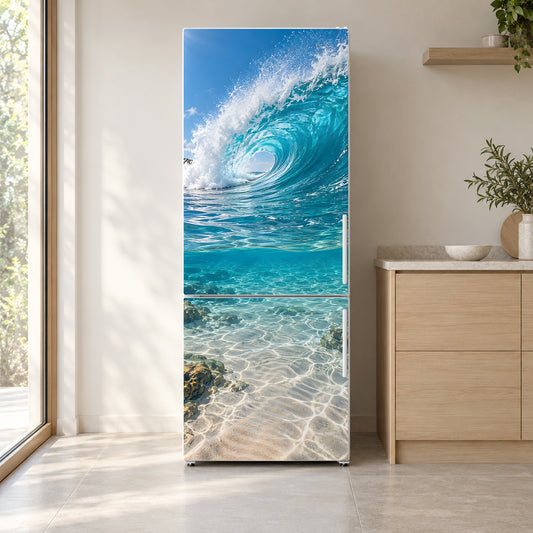 Ocean Wave fridge wrap on a white refrigerator in a bright kitchen