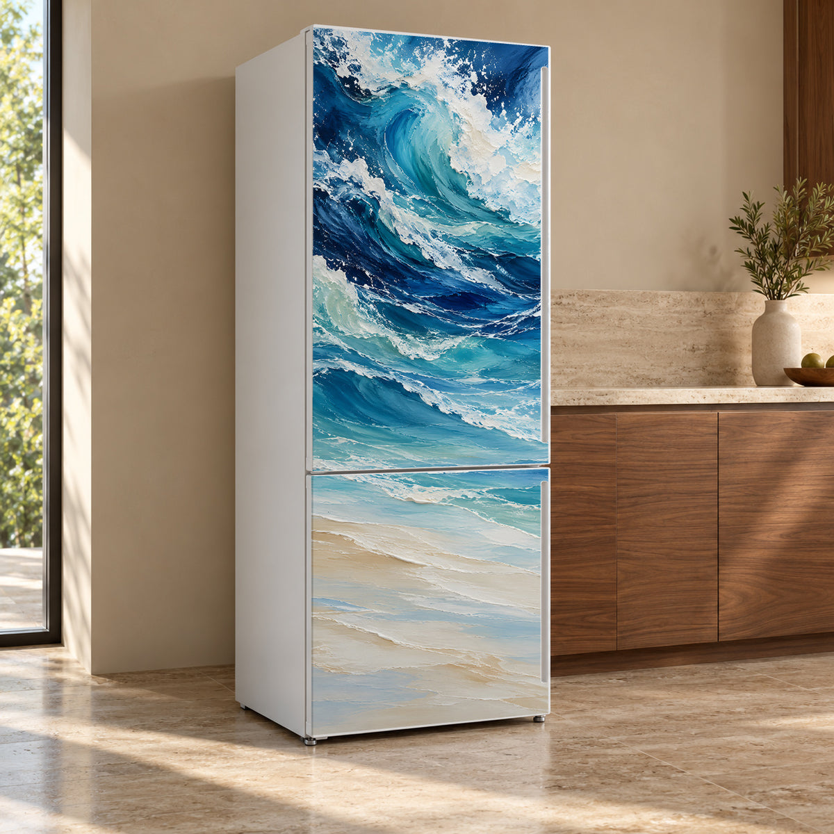 Ocean Wave Painting fridge wrap, refrigerator shown at an angle