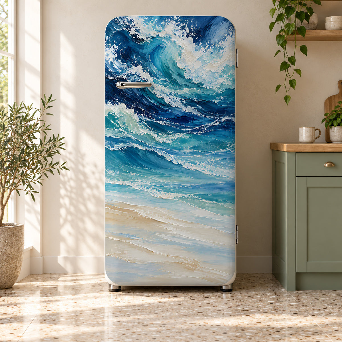 Ocean Wave Painting fridge wrap on a retro refrigerator