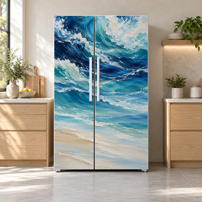Ocean Wave Painting fridge wrap on a side-by-side refrigerator