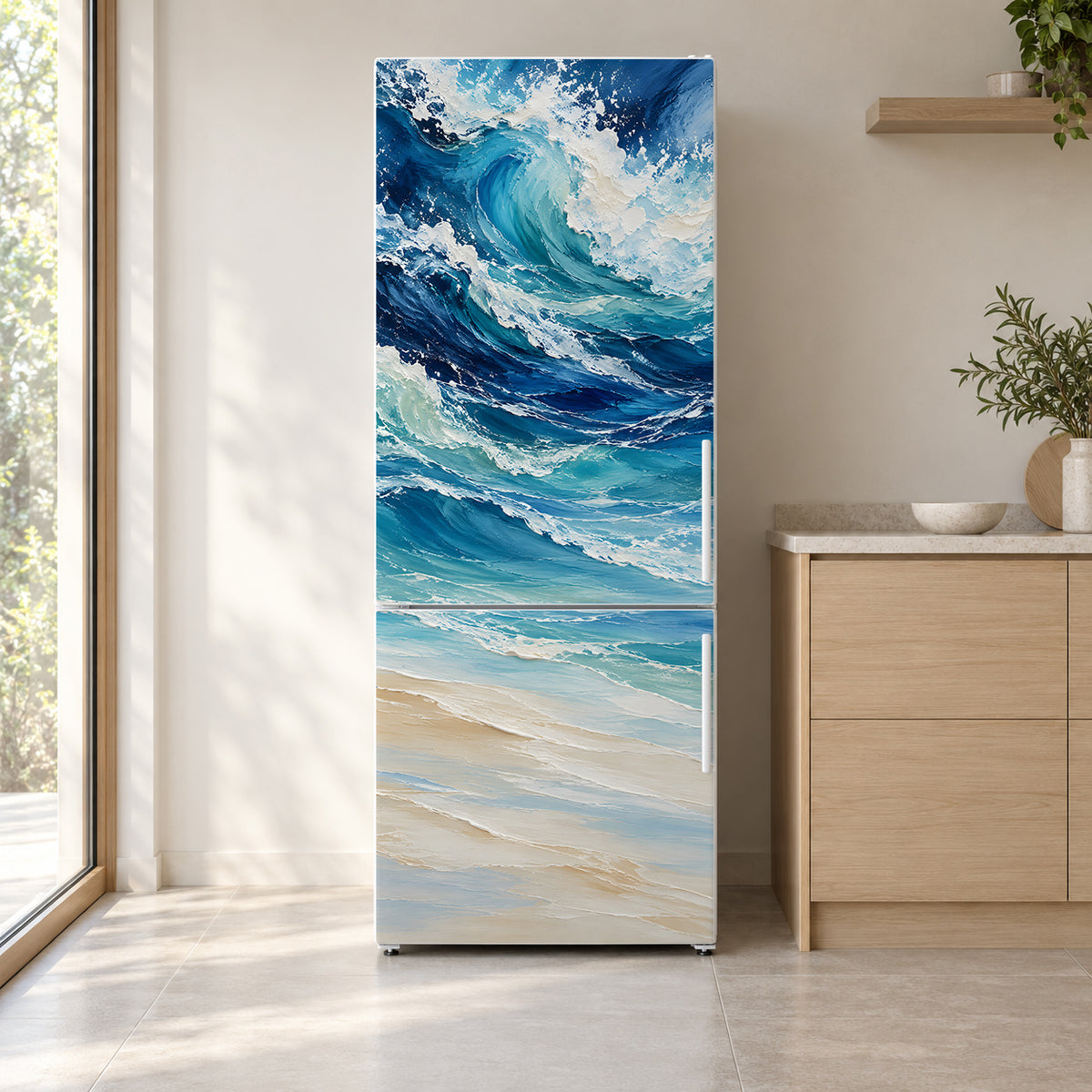 Ocean Wave Painting fridge wrap on a white refrigerator in a bright kitchen