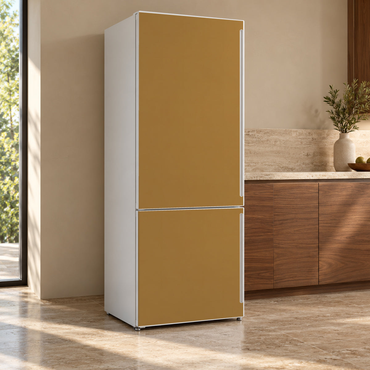 Ochre fridge wrap, refrigerator shown at an angle