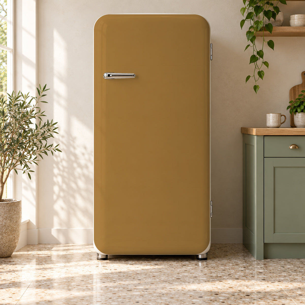 Ochre fridge wrap on a retro refrigerator