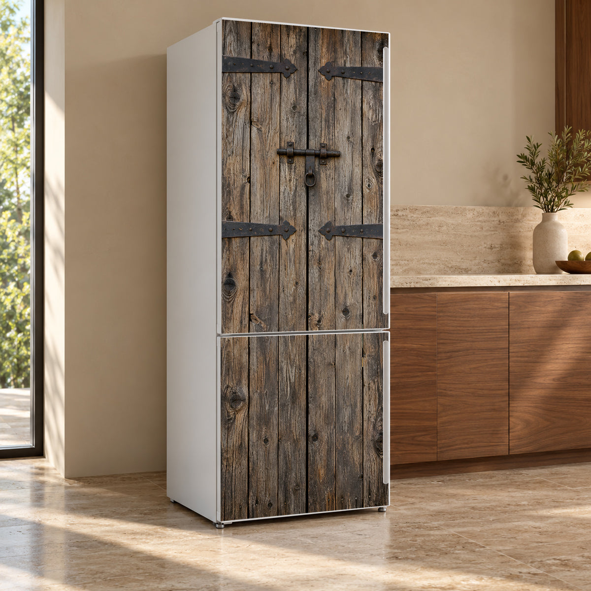 Old Barn Door fridge wrap, refrigerator shown at an angle