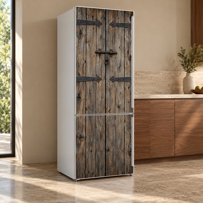 Old Barn Door fridge wrap, refrigerator shown at an angle