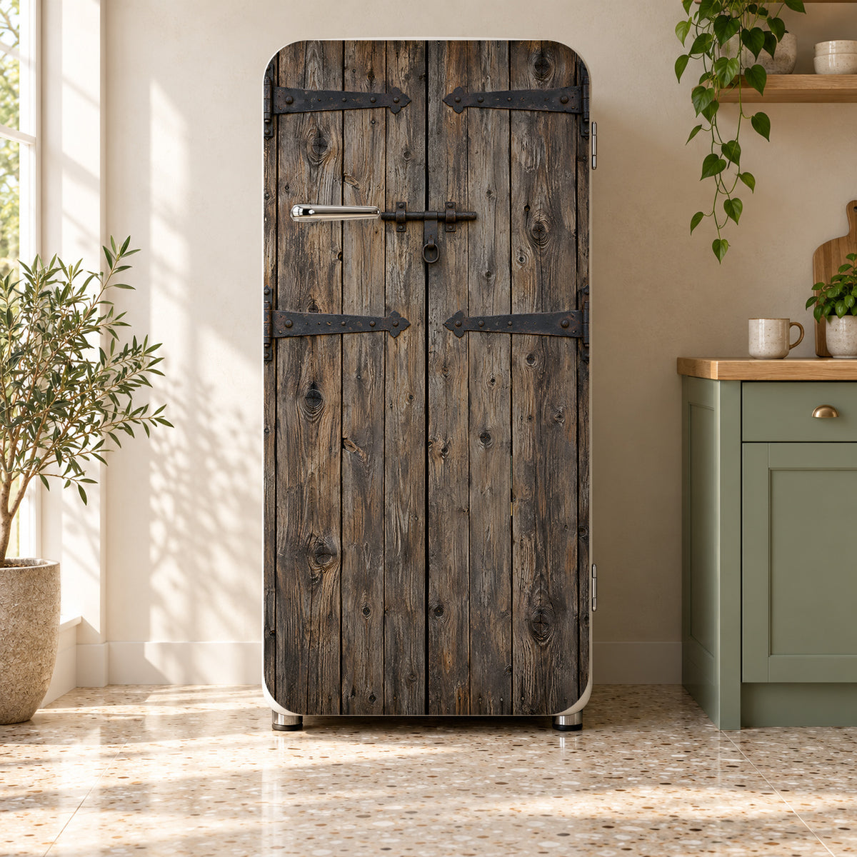 Old Barn Door fridge wrap on a retro refrigerator